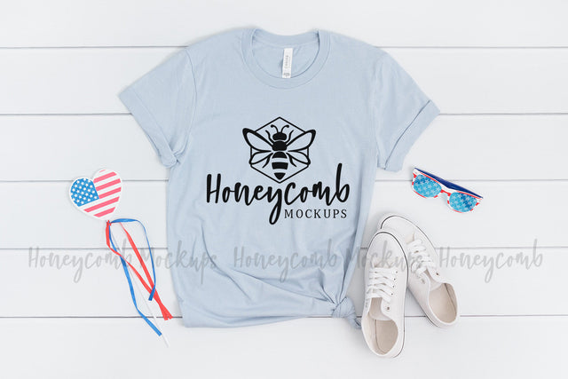 4th of July Shirt Mockup, Bella Canvas 3001 Light Blue, Patriotic Mockup Mock Up Photo Honeycomb Mockups 