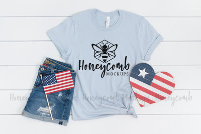 4th of July Shirt Mockup, Light Blue 3001 Bella Canvas, Womens Shirt Mockup Mock Up Photo Honeycomb Mockups 