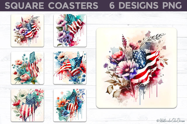 4Th Of July Square Coasters | Patriotic Floral Coasters Sublimation WatercolorColorDream 