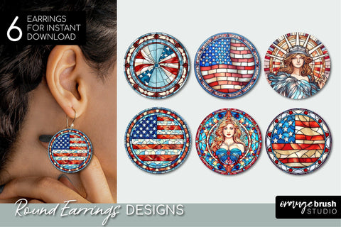 4th Of July Stained Glass Round Earrings Bundle Sublimation OrangeBrushStudio 