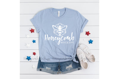 4th of July T-Shirt Mockup, Bella Canvas 3001 heather blue, Women's T-Shirt Mockup Mock Up Photo Honeycomb Mockups 