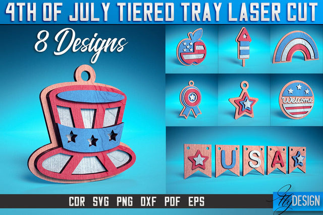 4th of July Tiered Tray Laser Cut SVG | Tiered Tray Laser Cut SVG Design | CNC Files SVG Fly Design 