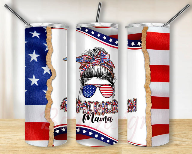 4th of July Tumbler PNG, American Mama Tumbler Sublimation Design Download, Patriotic, Mother's Day Wrap, 20oz Skinny Tumbler Design PNG Sublimation BouDesign 
