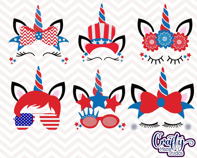 4th of July - Unicorn Faces - Fourth of July Svg Bundle - America Kids SVG Crafty Mama Studios 