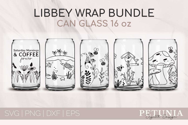 5 Glass Can Designs | Libbey Glass Can 16oz Full Wrap Bundle SVG Petunia Digital Design 