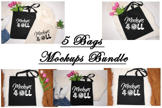 5 Mock Ups Bundle, Black Bags Mockups Bundle, Flat Lay Photo Stock, Bags Mockup, Black Tote Bag, Mockup,Bag Edge Canvas Tote, Svg Mock Up Mock Up Photo ArtStudio 