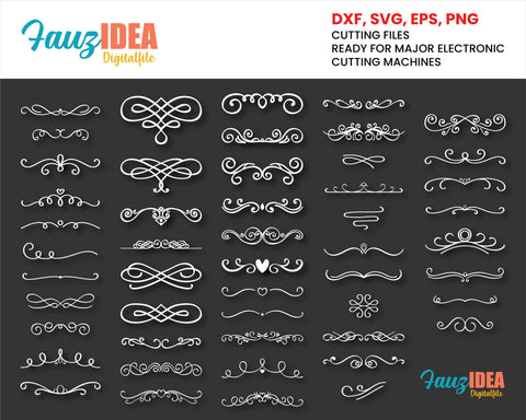 50 elements Flourish svg, Divider , Wedding , Valentine,Text dividers svg, Calligraphic Swirls svg cut file SVG Fauz 