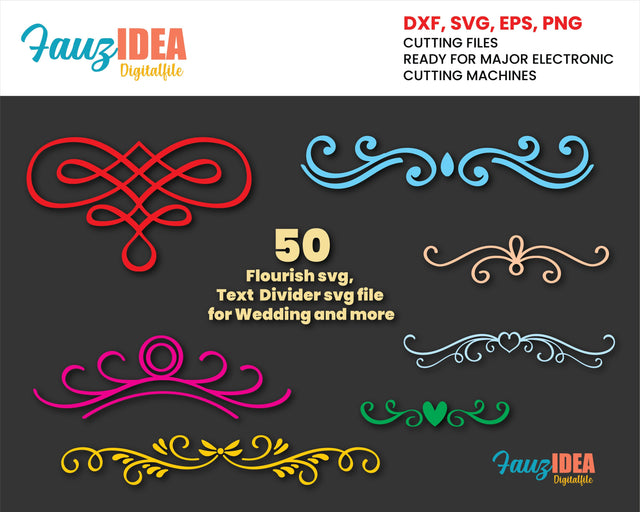 50 elements Flourish svg, Divider , Wedding , Valentine,Text dividers svg, Calligraphic Swirls svg cut file SVG Fauz 
