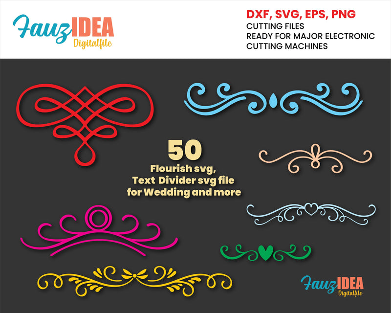 50 elements Flourish svg, Divider , Wedding , Valentine,Text dividers svg, Calligraphic Swirls svg cut file SVG Fauz 