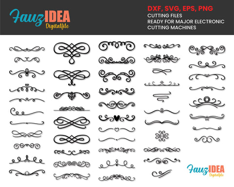 50 elements Flourish svg, Divider , Wedding , Valentine,Text dividers svg, Calligraphic Swirls svg cut file SVG Fauz 