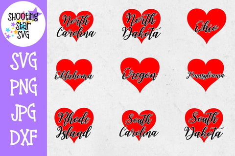 50 States Heart with State Name Bundle SVG ShootingStarSVG 