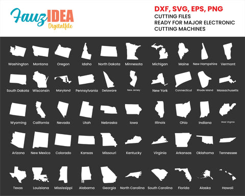 50 States SVG Mega Bundle For United States Maps, American States Silhouettes Bundle, Map Svg file for cricut, clip art ,svg, png, dxf, eps SVG Fauz 