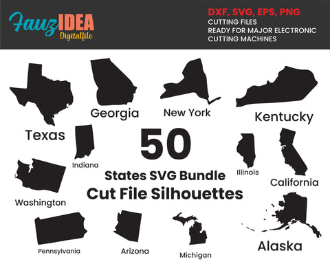 50 States SVG Mega Bundle For United States Maps, American States Silhouettes Bundle, Map Svg file for cricut, clip art ,svg, png, dxf, eps SVG Fauz 