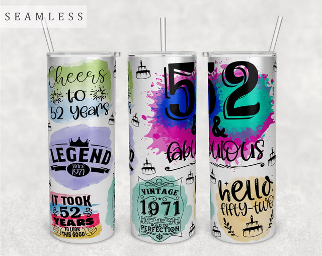 52nd Birthday Tumbler Wrap, 20 Oz Skinny Tumbler Sublimation Design, Seamless 52 Birthday Tumbler PNG, Hello Fifty-Two Tumbler Wrap Sublimation HappyDesignStudio 