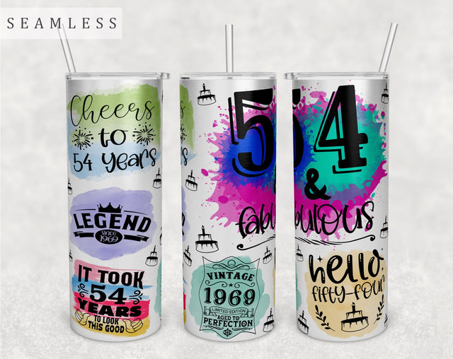 54th Birthday Tumbler Wrap, 20 Oz Skinny Tumbler Sublimation Design, Seamless 54 Birthday Tumbler PNG, Hello Fifty-Four Tumbler Wrap Sublimation HappyDesignStudio 