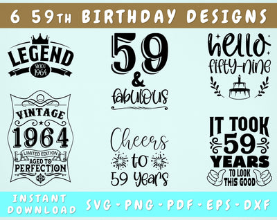59th Birthday SVG Bundle, 6 Designs, 59th Birthday Shirt SVG, 59 And Fabulous SVG, Cheers To 59 Years SVG, Legend Since 1964 SVG, Vintage 1964 SVG SVG HappyDesignStudio 