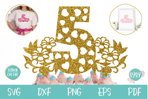 5th Birthday Cake Topper SVG with Flowers and Hearts SVG OyoyStudioDigitals 