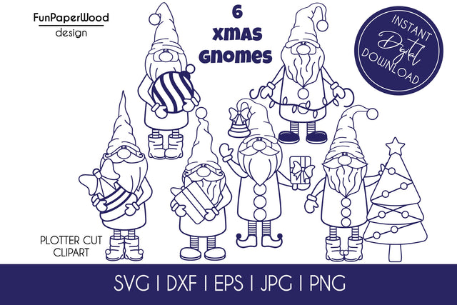 6 Christmas gnomes bundle svg dxf eps jpg png SVG FunPaperWood 