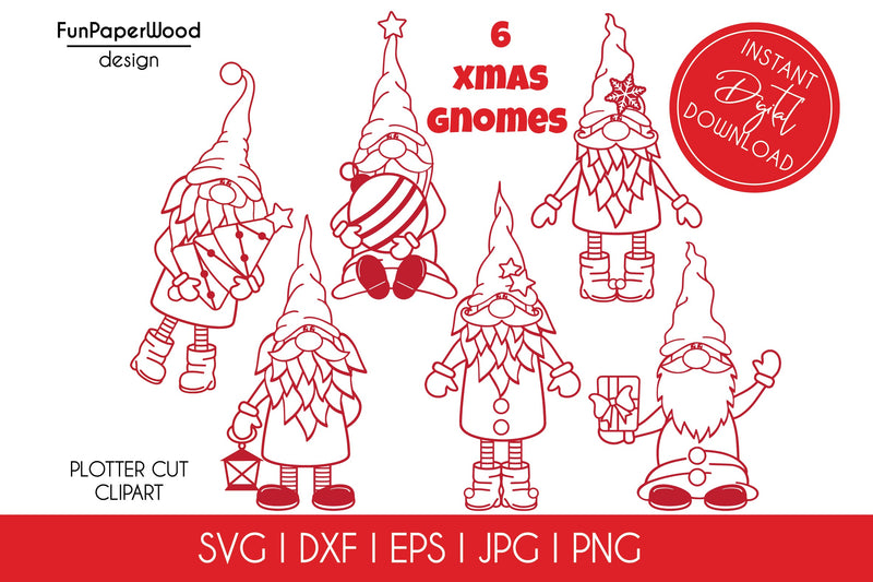 6 Christmas gnomes bundle SVG DXF EPS JPG PNG SVG FunPaperWood 