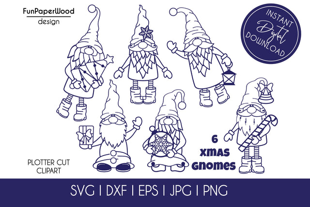 6 Christmas gnomes bundle SVG DXF EPS JPG PNG SVG FunPaperWood 