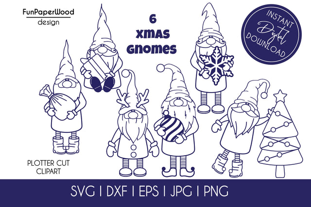 6 Christmas gnomes bundle SVG DXF EPS JPG PNG SVG FunPaperWood 