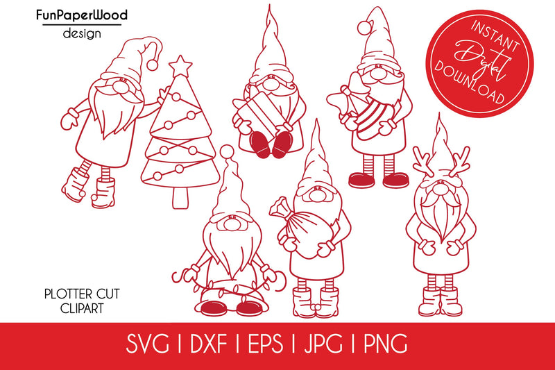6 Christmas gnomes bundle SVG DXF EPS JPG PNG SVG FunPaperWood 