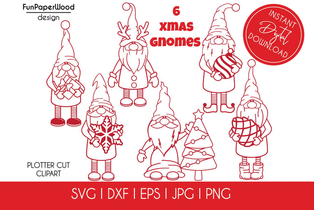 6 Christmas gnomes bundle SVG DXF EPS JPG PNG SVG FunPaperWood 