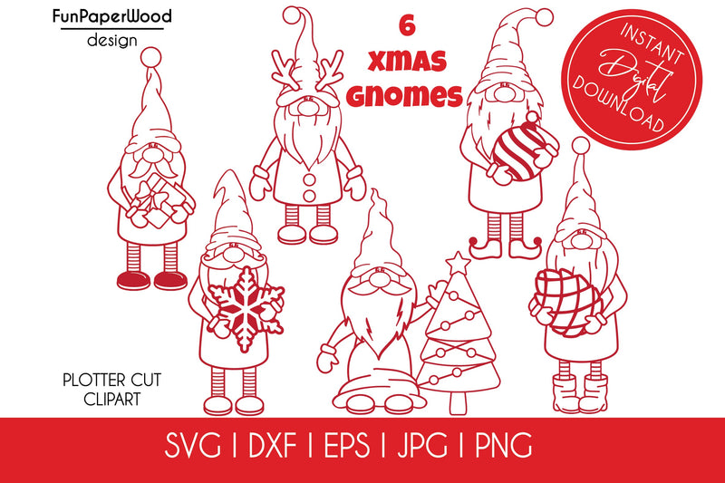 6 Christmas gnomes bundle SVG DXF EPS JPG PNG SVG FunPaperWood 