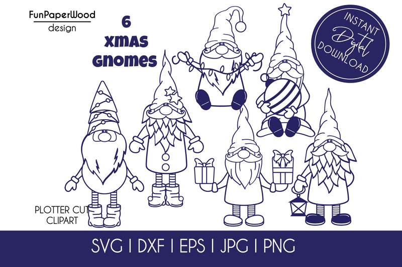 6 Christmas gnomes bundle SVG DXF EPS JPG PNG SVG FunPaperWood 