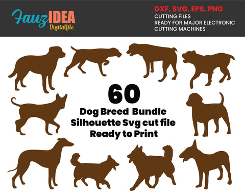 60 Dog Breed Silhouette svg Bundle, Dog png dxf svg, Dog Shape SVG Bundle, Dog Vector Bundle, Dog svg File For Cricut, Ready to print SVG Fauz 