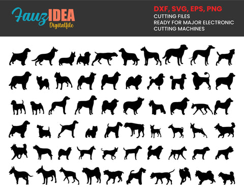 60 Dog Breed Silhouette svg Bundle, Dog png dxf svg, Dog Shape SVG Bundle, Dog Vector Bundle, Dog svg File For Cricut, Ready to print SVG Fauz 
