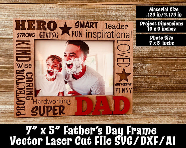 7" x 5" Father's Day Photo Frame Laser Cut File SVG Design Shark 