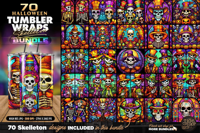 70 Halloween Skulls Tumbler Wraps Bundle | Stained glass Sublimation The Vintage Signs Shop 