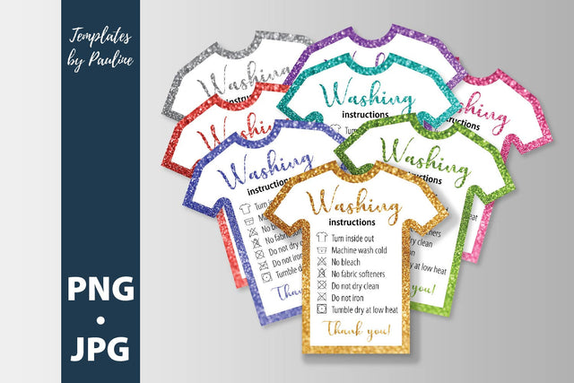 8 glitter t-shirt washing instructions cards PNG. Shirt care card bundle SVG Templates by Pauline 