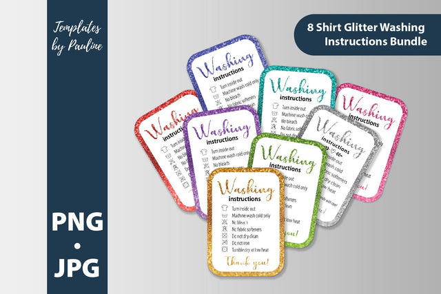 8 glitter washing instructions cards PNG. Shirt care card bundle SVG Templates by Pauline 