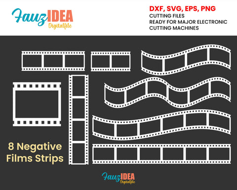 8 Negative Film Strip SVG, DXF, PNG, eps, Camera Film Strip, Film Reel, Vector Clipart,Vector Set, Cutting Files, Personal Commercial Use SVG Fauz 