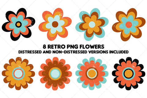 8 Png retro flower graphic design elements Sublimation Karma Genie Graphics 