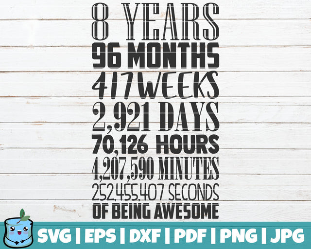 8 Years In Months Weeks Days Hours Minutes Seconds SVG MintyMarshmallows 
