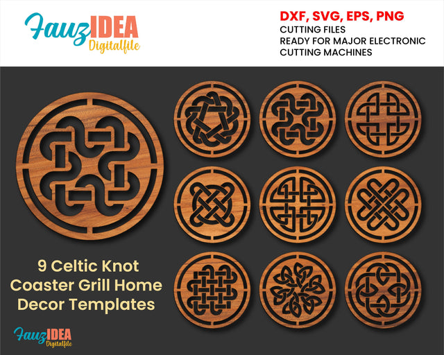 9 Celtic Knot Coaster Grill Home Decor Templates Vector Digital SVG DXF Files Download Laser Cutting Plasma Cricut Maker SVG Fauz 