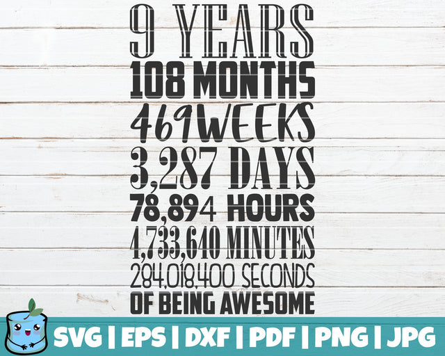 9 Years In Months Weeks Days Hours Minutes Seconds SVG MintyMarshmallows 