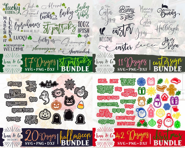 90 Festival Designs SVG Bundle | Set of 4 Bundles | St. Patrick's Day | Easter | Halloween | Christmas | Cricut | Silhouette | Digital Cut Files | SVG DXF PNG (2023b0205) SVG Ivan & Co. Designs 