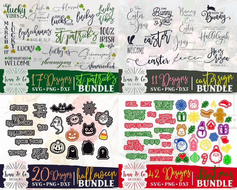 90 Festival Designs SVG Bundle | Set of 4 Bundles | St. Patrick's Day | Easter | Halloween | Christmas | Cricut | Silhouette | Digital Cut Files | SVG DXF PNG (2023b0205) SVG Ivan & Co. Designs 