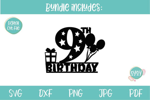 9th Birthday Cake Topper SVG | Nine Birthday Number SVG SVG OyoyStudioDigitals 