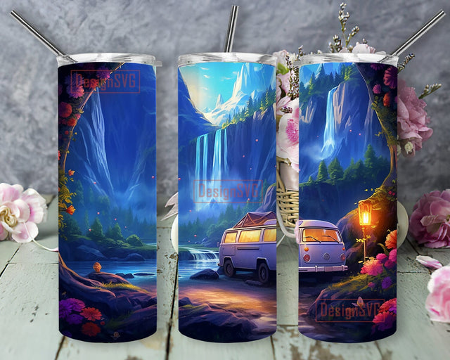A Camper Van 20oz Skinny Tumbler Png, Flowers Mountains Tumbler, Bus Driver Tumbler, Hippie Van Tumbler, Hippie Van Tumbler, Retro Van, Caravan Tumbler Sublimation DesignSVG 