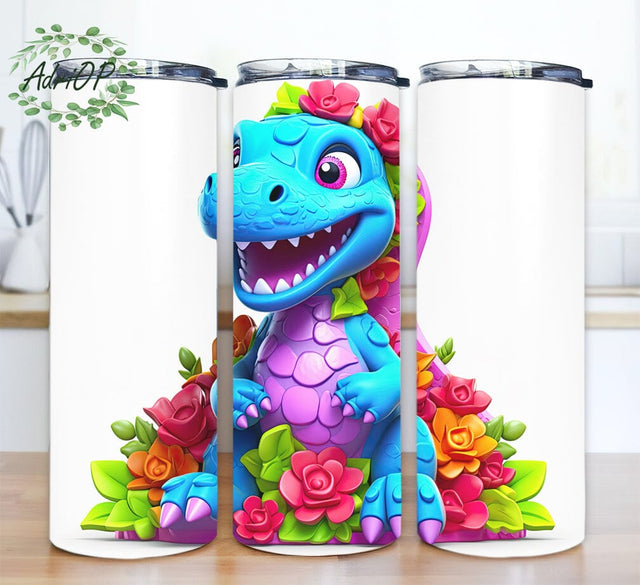 A Cartoon Baby T-Rex 20oz Skinny Tumbler Sublimation Design, Smiling And Happy Bright Neon Colors, Cartoon Baby T-Rex Tumbler, Cute Baby T Rex Tumbler Sublimation AdriOP 