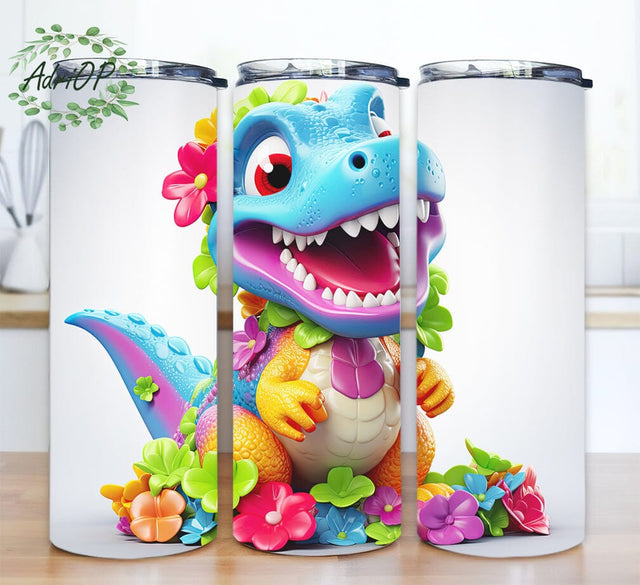 A Cartoon Baby T-Rex 20oz Skinny Tumbler Sublimation Design, Smiling And Happy Bright Neon Colors, Cartoon Baby T-Rex Tumbler, Cute Baby T Rex Tumbler Sublimation AdriOP 