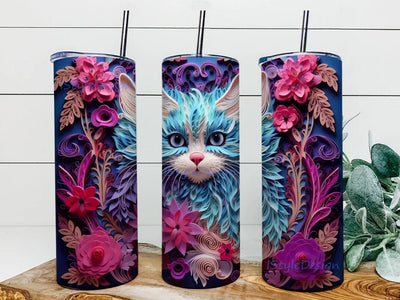 A Cat With Flowers 20oz Skinny Tumbler Sublimation Design, Cat Pink Purple And Turquoise Png, Cat Tumbler, Cute Kitty Cat With Flower Tumbler Sublimation iStyleDesign 