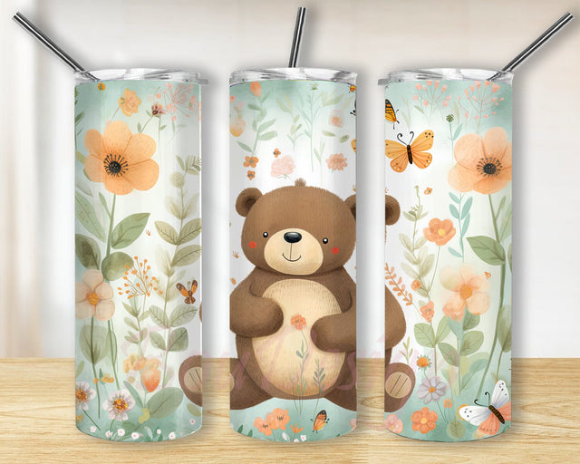 A Charming Garden Scene With Cute Bear And Vibrant Flowers 20oz Skinny Tumbler Png, Bear With Flowers Tumbler, Baby Bear Tumbler Wrap, Teddy Bears and Flowers Tumbler Sublimation BouDesign 