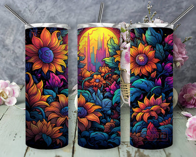 A Colorful Painting Of Various Sunflowers On Black 20oz Skinny Tumbler Png, Flower Tumbler, Sunflower Tumbler Design, Sunflower Painting Tumbler Wrap Sublimation DesignSVG 