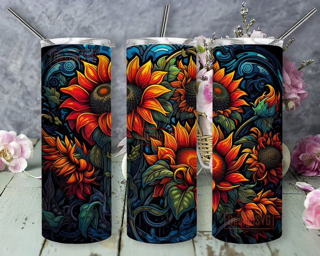 A Colorful Painting Of Various Sunflowers On Black 20oz Skinny Tumbler Png, Flower Tumbler, Sunflower Tumbler Design, Sunflower Painting Tumbler Wrap Sublimation DesignSVG 